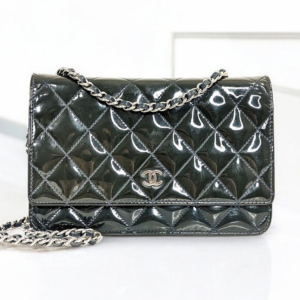 Chanel Wallet on Chain WOC – Dark Green Patent Quilted Leather Crossbody Bag